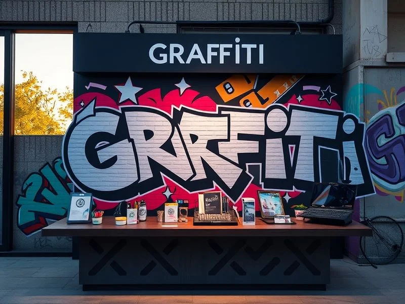 Abstract urban landscape at dusk with graffiti